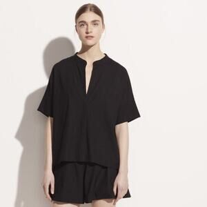 Vince Women's Black Linen Blend Popover Short Sleeve Top Size  XL